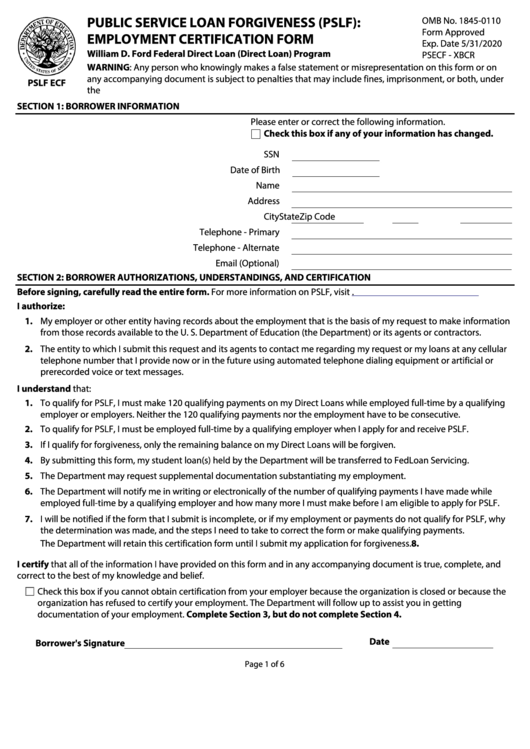 Employment Certification Form For PSLF
