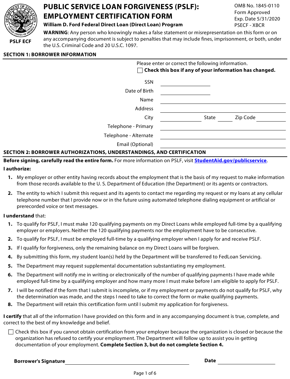 PSLF Employment Certification Form Ecf