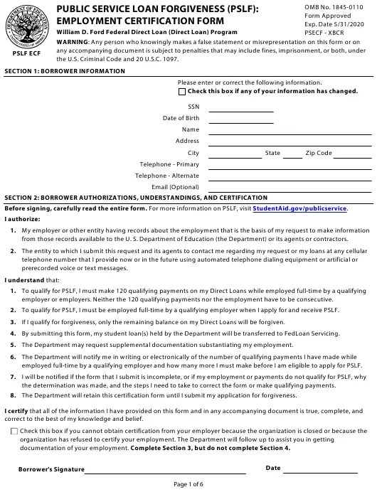 PSLF Waiver Employment Certification Form