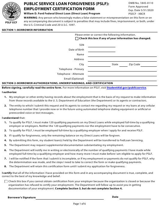 Public Service Loan Forgiveness Employment Certification Form PSLF